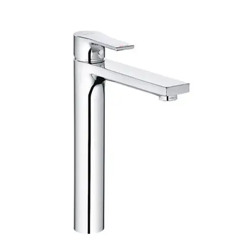 Waschbeckenarmatur in chrom mit geradem, schmalem Auslauf und einem einhebeligen Bedienhebel. Kludi-Design, geeignet für moderne Waschbecken.